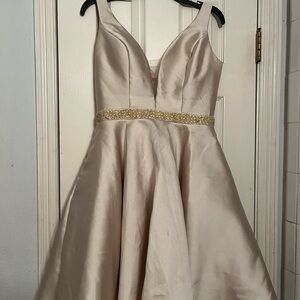 Elegant Cream Satin Dress with Gold Accents